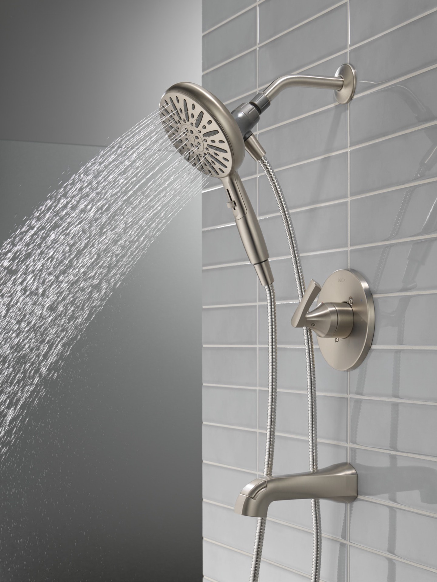 slide 2 of 6, Delta Arcadia Spotshield Brushed Nickel 1-handle 6.5-in Round Bathtub and shower Faucet (Multi-function), 1 ct