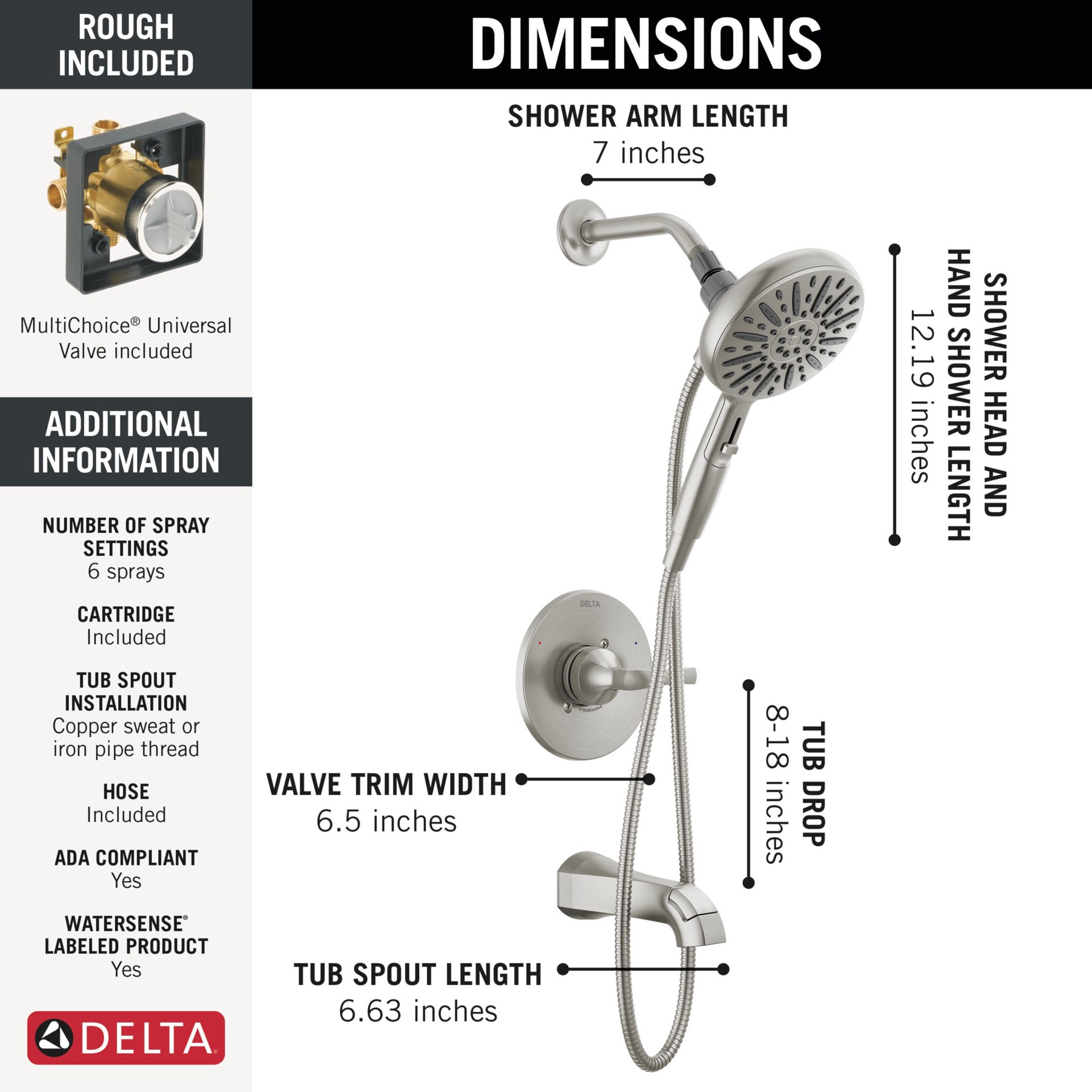 slide 4 of 6, Delta Arcadia Spotshield Brushed Nickel 1-handle 6.5-in Round Bathtub and shower Faucet (Multi-function), 1 ct