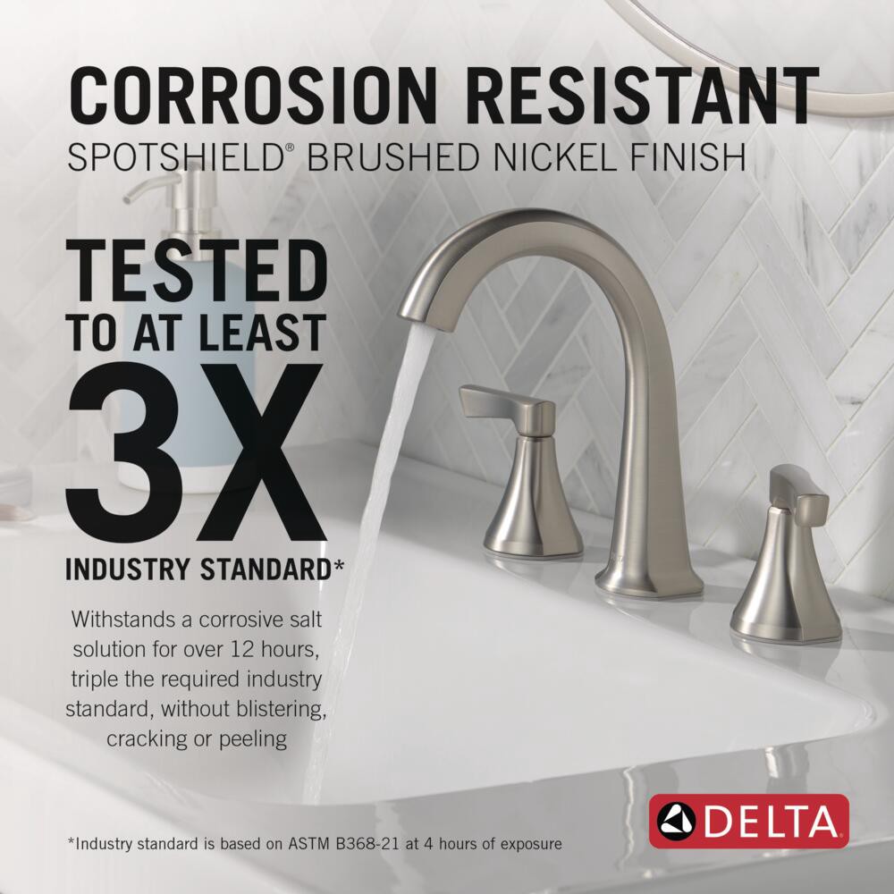 slide 2 of 6, Delta Arcadia Spotshield Brushed Nickel Widespread 2-handle WaterSense Mid-arc Residential Handle Bathroom Sink Faucet with Drain, 1 ct