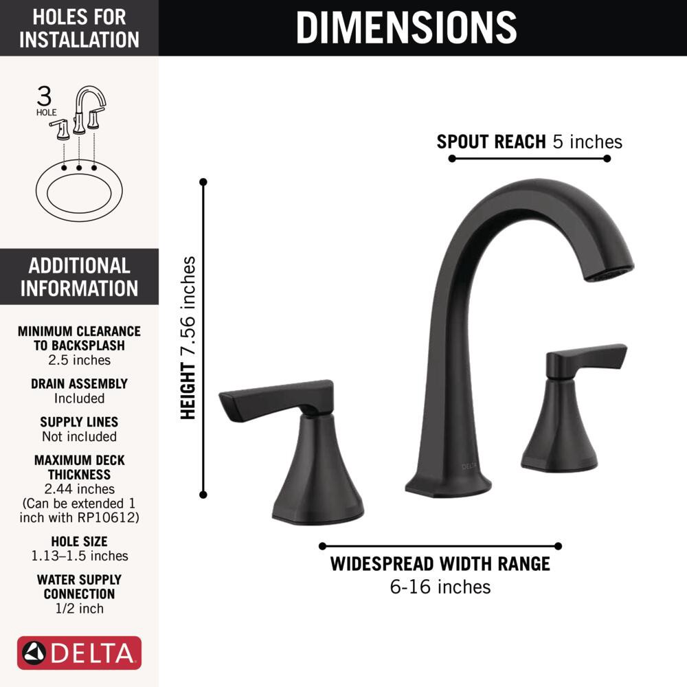 slide 5 of 6, Delta Arcadia Matte Black Widespread 2-handle WaterSense Mid-arc Residential Handle Bathroom Sink Faucet with Drain, 1 ct