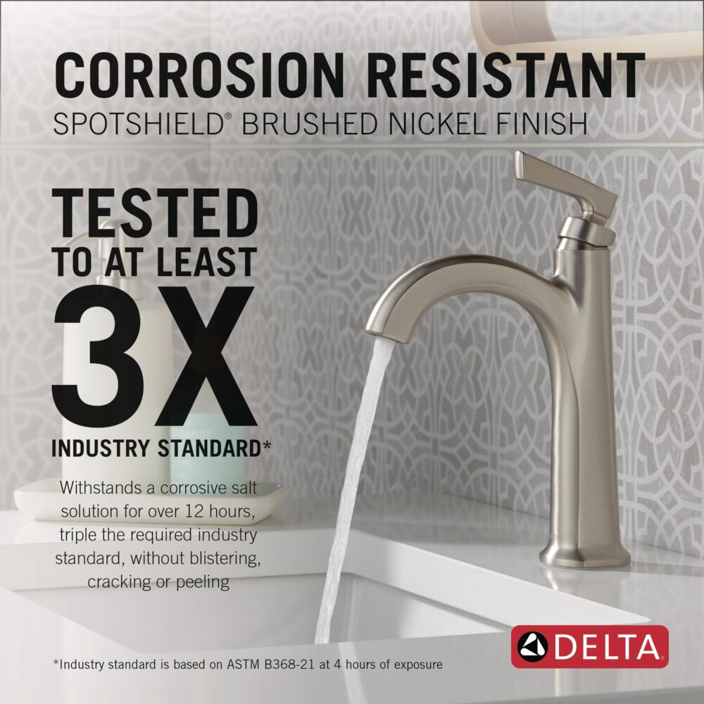 slide 2 of 6, Delta Arcadia Spotshield Brushed Nickel Single hole 1-handle WaterSense Mid-arc Residential Handle Bathroom Sink Faucet with Drain with Deck Plate, 1 ct