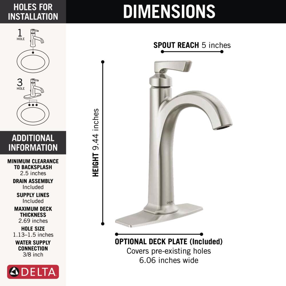 slide 5 of 6, Delta Arcadia Spotshield Brushed Nickel Single hole 1-handle WaterSense Mid-arc Residential Handle Bathroom Sink Faucet with Drain with Deck Plate, 1 ct