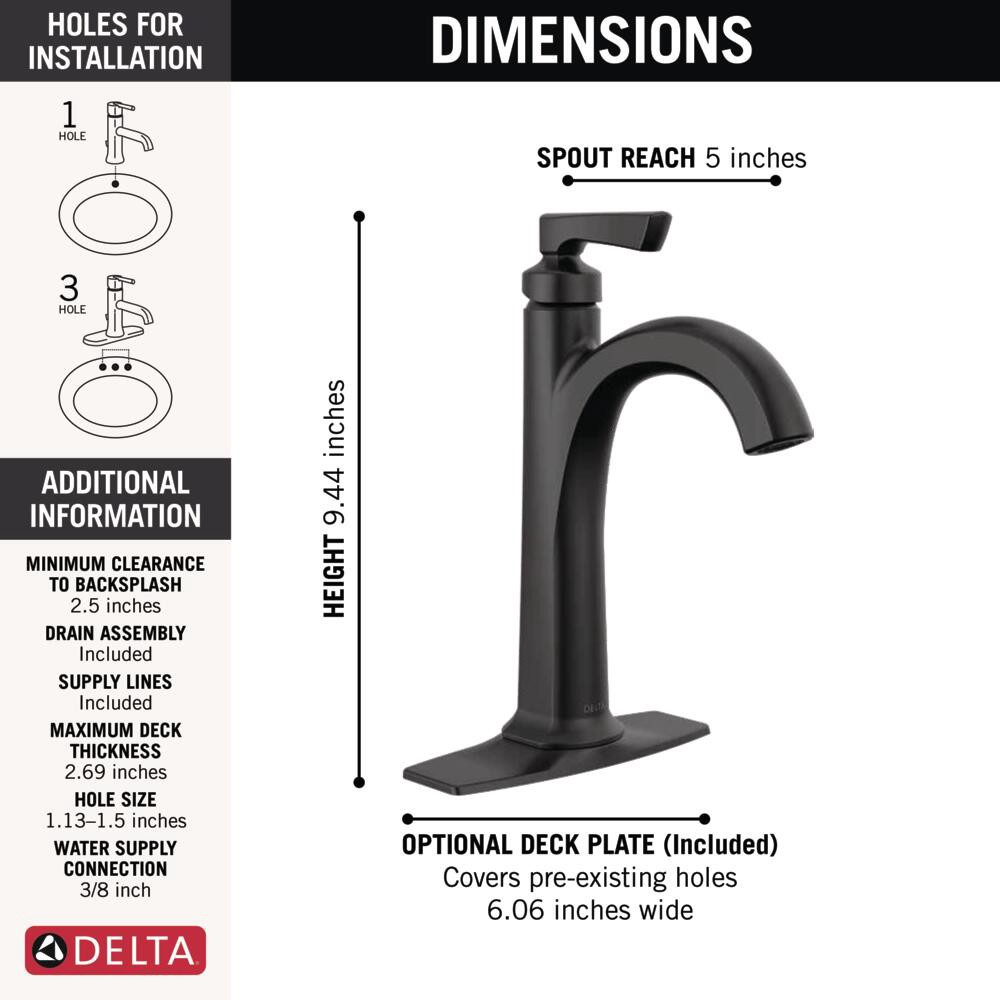 slide 5 of 6, Delta Arcadia Matte Black Single hole 1-handle WaterSense Mid-arc Residential Handle Bathroom Sink Faucet with Drain with Deck Plate, 1 ct