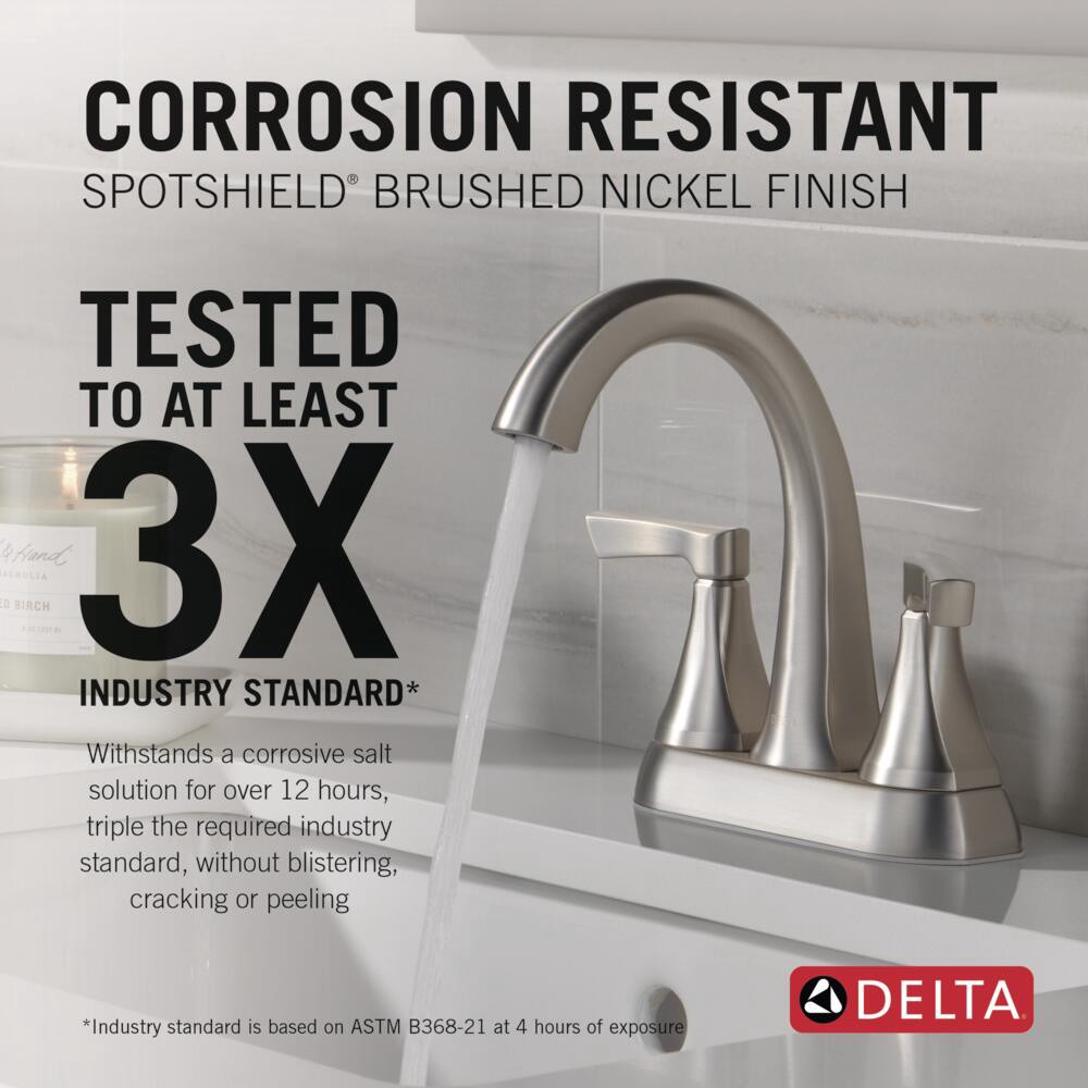 slide 2 of 6, Delta Arcadia Spotshield Brushed Nickel 4-in centerset 2-handle WaterSense Mid-arc Residential Handle Bathroom Sink Faucet with Drain, 1 ct