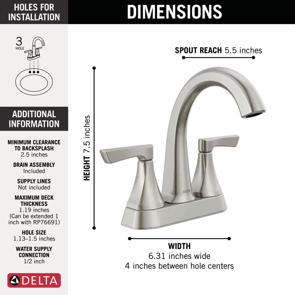 slide 5 of 6, Delta Arcadia Spotshield Brushed Nickel 4-in centerset 2-handle WaterSense Mid-arc Residential Handle Bathroom Sink Faucet with Drain, 1 ct