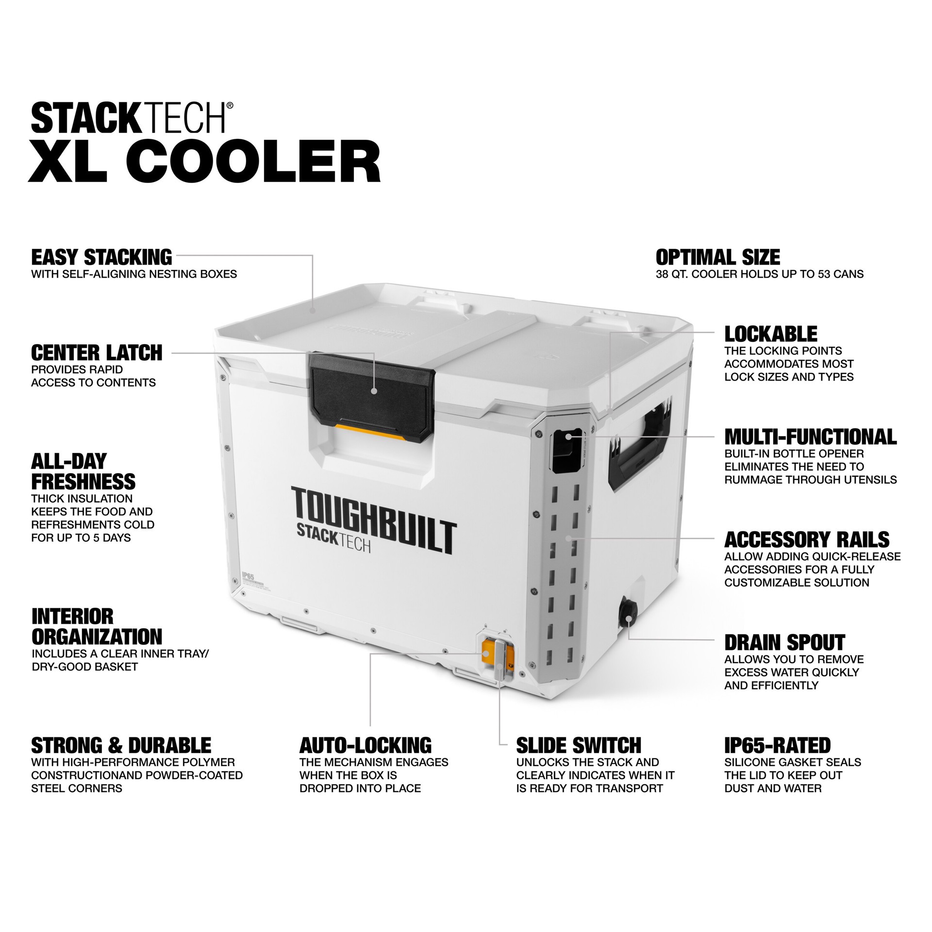 slide 2 of 6, TOUGHBUILT STACKTECH XL White 38 Quart(s) Hard Insulated Chest cooler, 1 ct