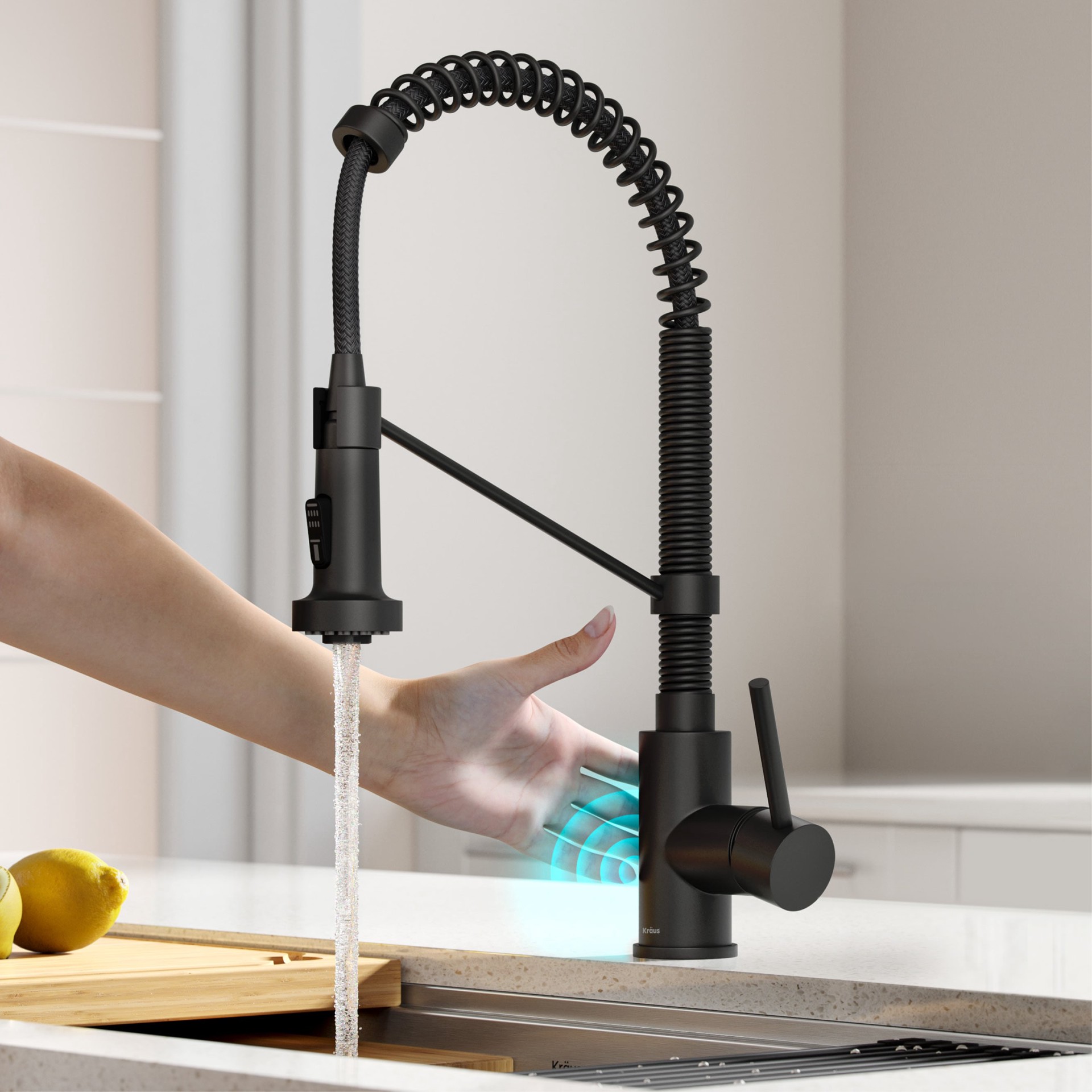 slide 3 of 6, Kraus Bolden Matte Black Single Handle Deck-mount Touchless Pull-down Kitchen Faucet with Sprayer (Includes Deck Plate), 1 ct