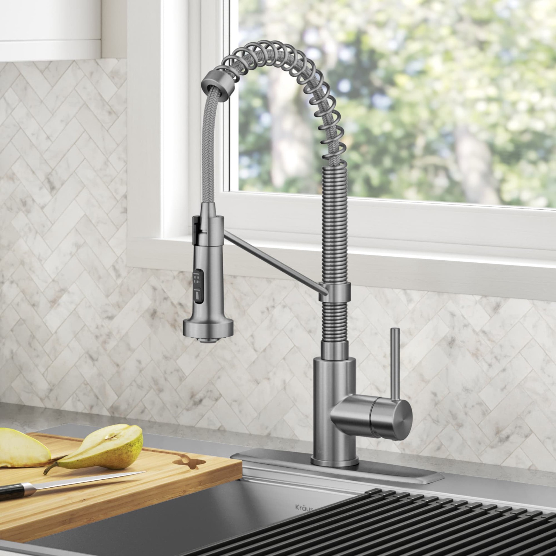 slide 3 of 6, Kraus Bolden Spot Free Stainless Steel Single Handle Deck-mount Pull-down Kitchen Faucet with Sprayer (Includes Deck Plate), 1 ct