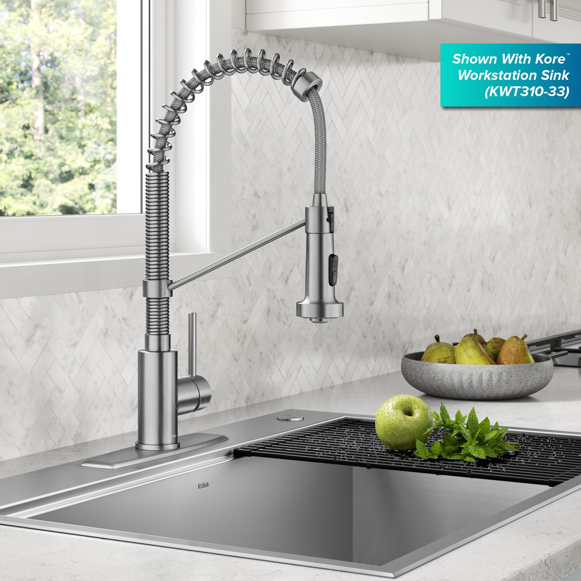 slide 4 of 6, Kraus Bolden Spot Free Stainless Steel Single Handle Deck-mount Pull-down Kitchen Faucet with Sprayer (Includes Deck Plate), 1 ct
