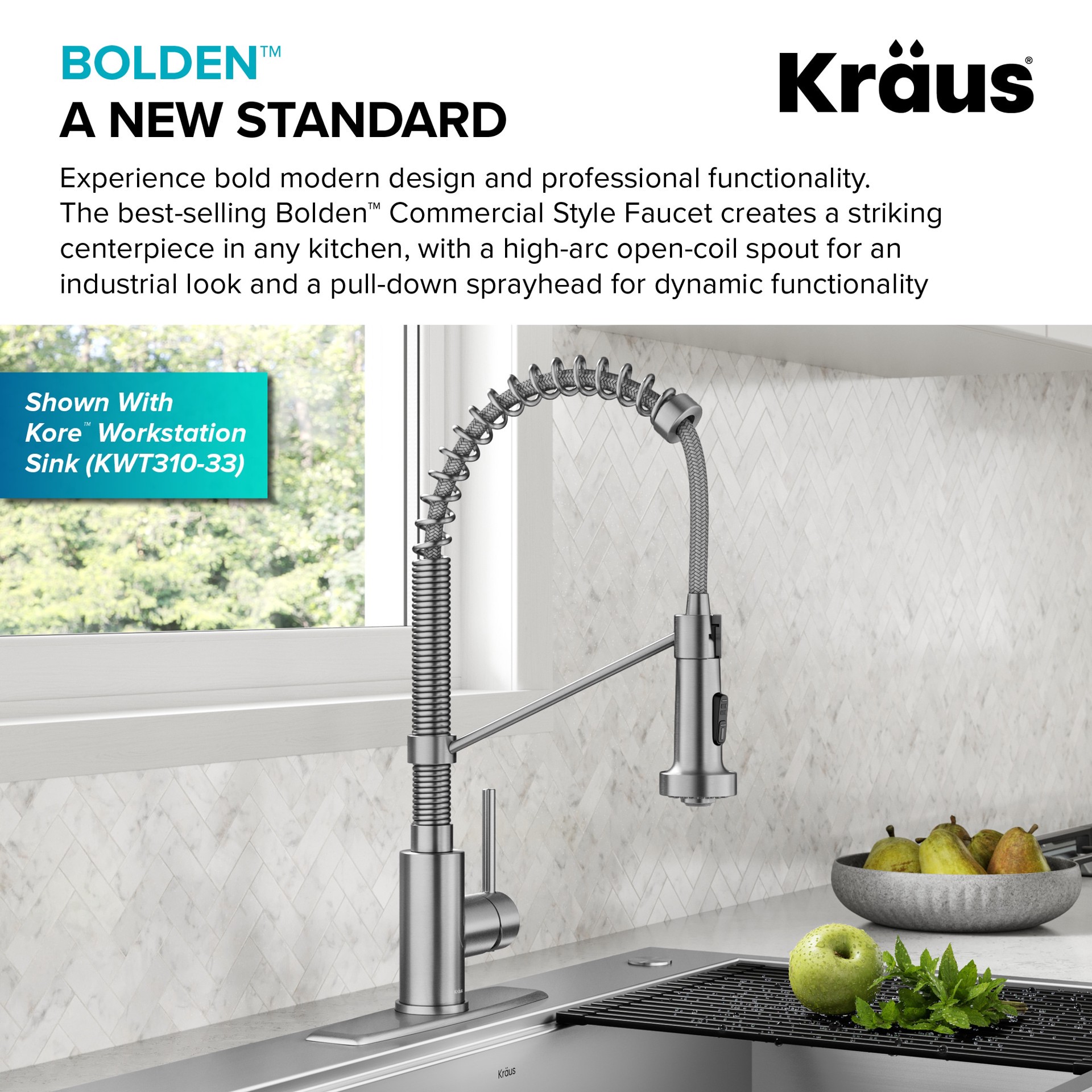 slide 5 of 6, Kraus Bolden Spot Free Stainless Steel Single Handle Deck-mount Pull-down Kitchen Faucet with Sprayer (Includes Deck Plate), 1 ct