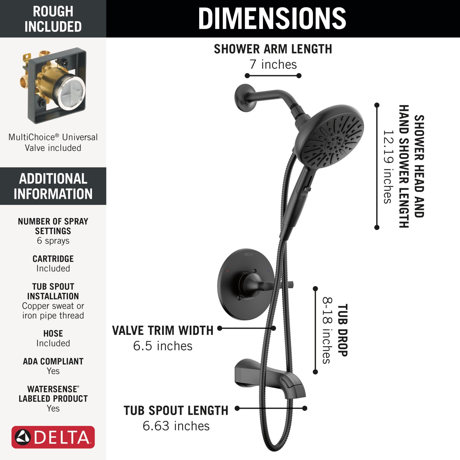 slide 4 of 6, Delta Arcadia Matte Black 1-handle 6.5-in Round Bathtub and shower Faucet (Multi-function), 1 ct