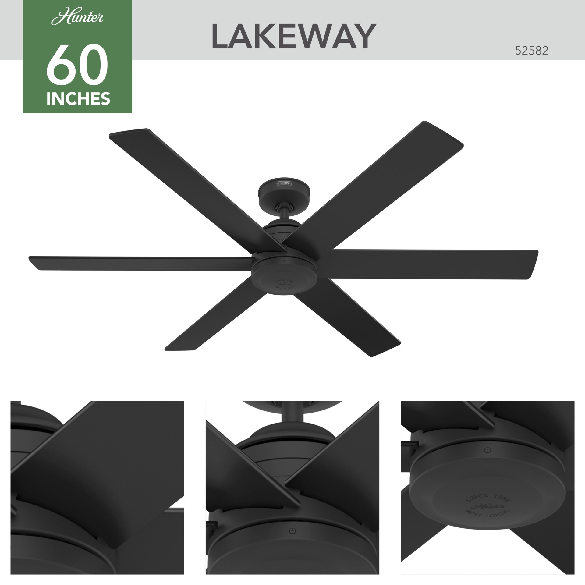 slide 4 of 6, Hunter Lakeway SureSpeed 60-in Matte Black with Matte Black Blades Covered Outdoor Ceiling Fan Without Light 6 -Blade, 1 ct