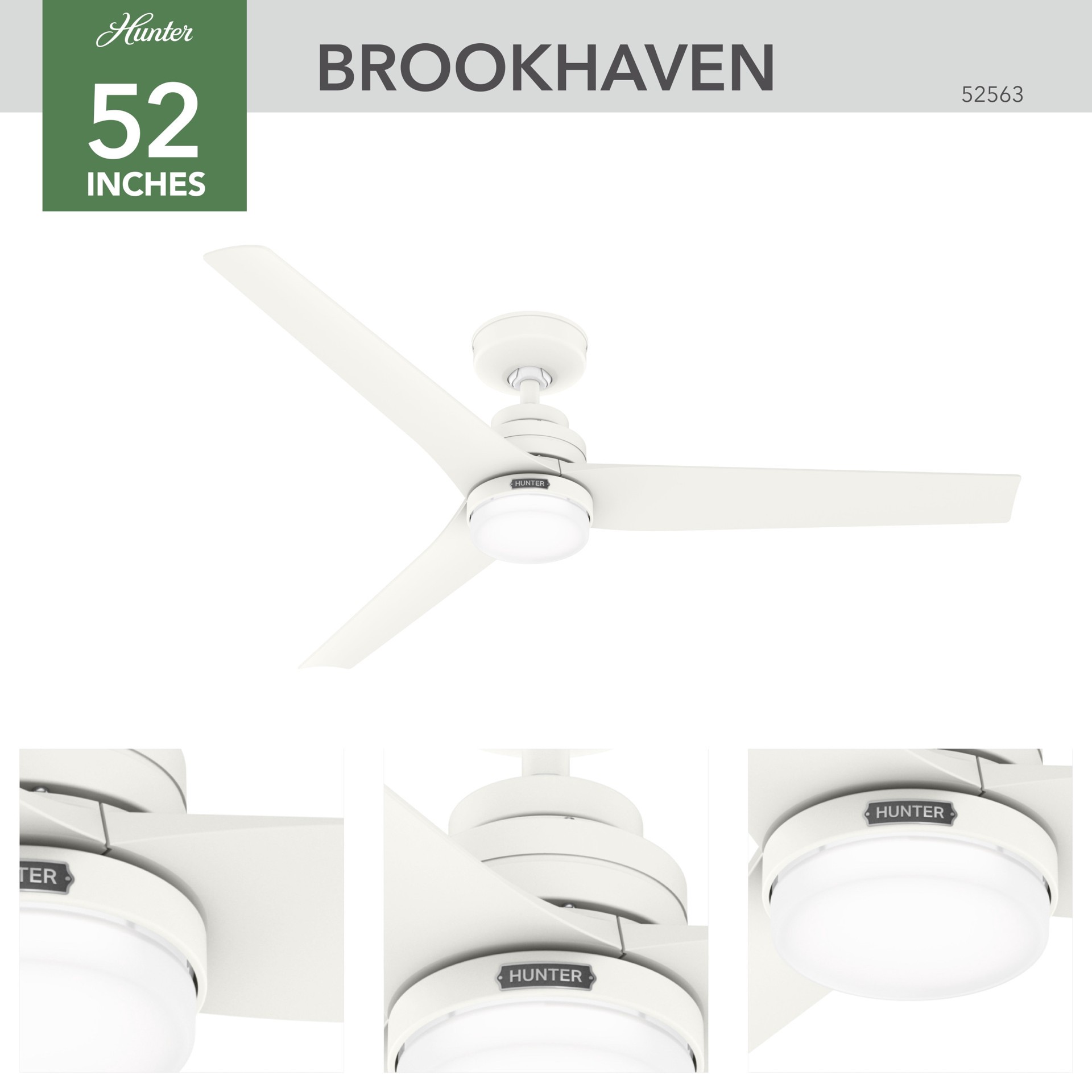 slide 4 of 6, Hunter Brookhaven 52-in Matte White with Matte White Blades Covered Outdoor Propeller Ceiling Fan With Light and Remote Included 3 -Blade, 1 ct
