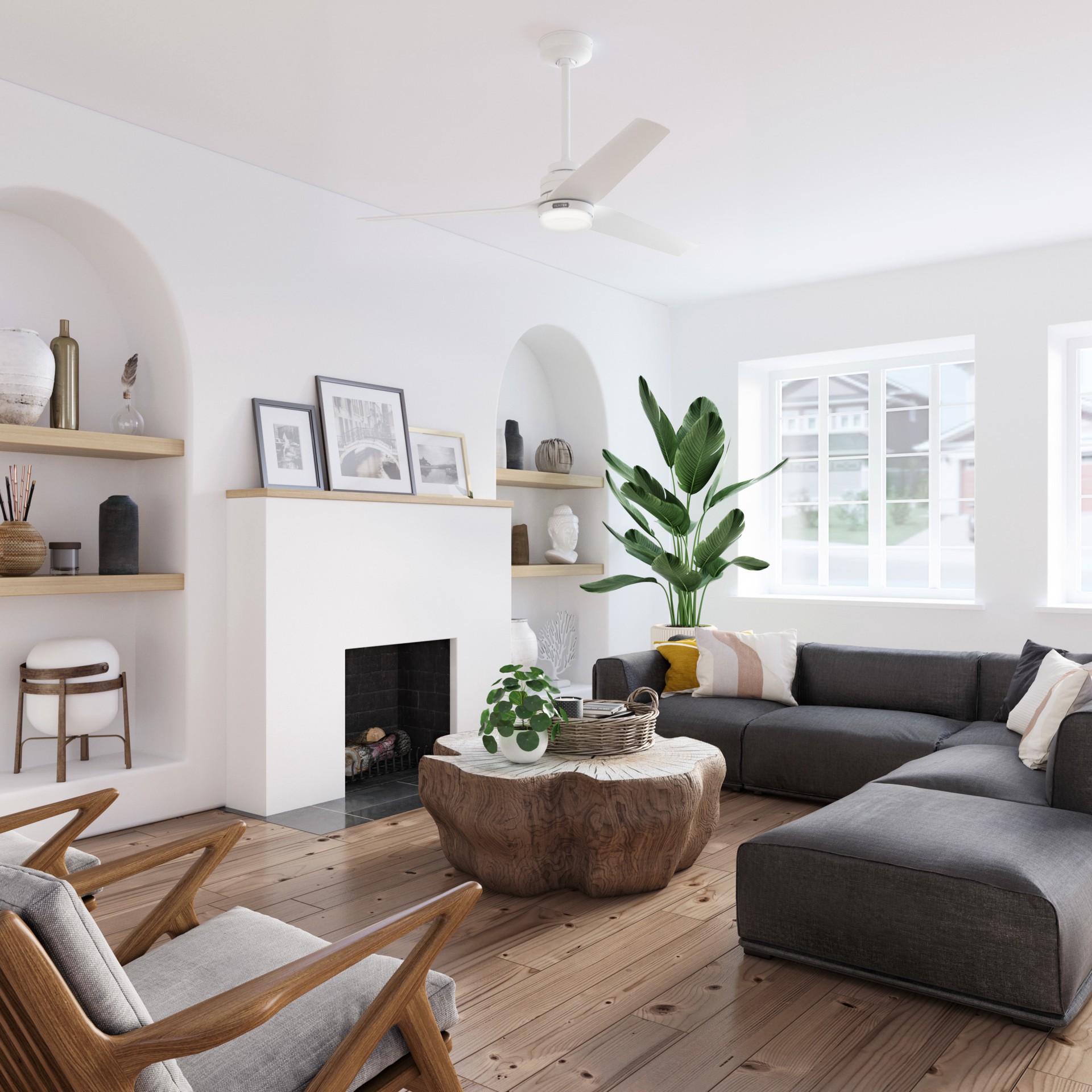 slide 6 of 6, Hunter Brookhaven 52-in Matte White with Matte White Blades Covered Outdoor Propeller Ceiling Fan With Light and Remote Included 3 -Blade, 1 ct