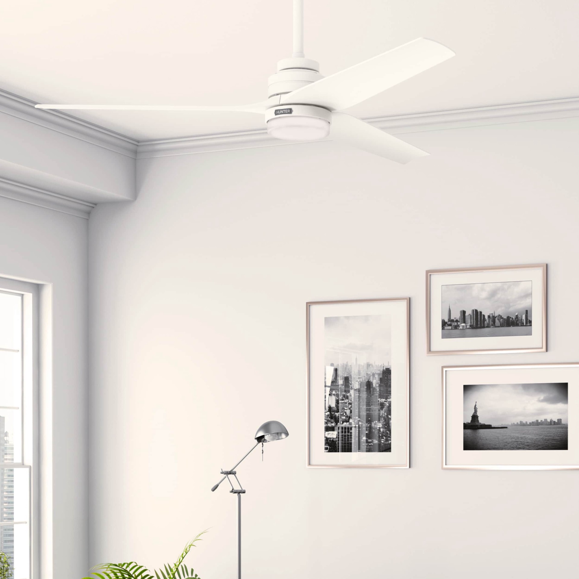 slide 1 of 6, Hunter Brookhaven 52-in Matte White with Matte White Blades Covered Outdoor Propeller Ceiling Fan With Light and Remote Included 3 -Blade, 1 ct