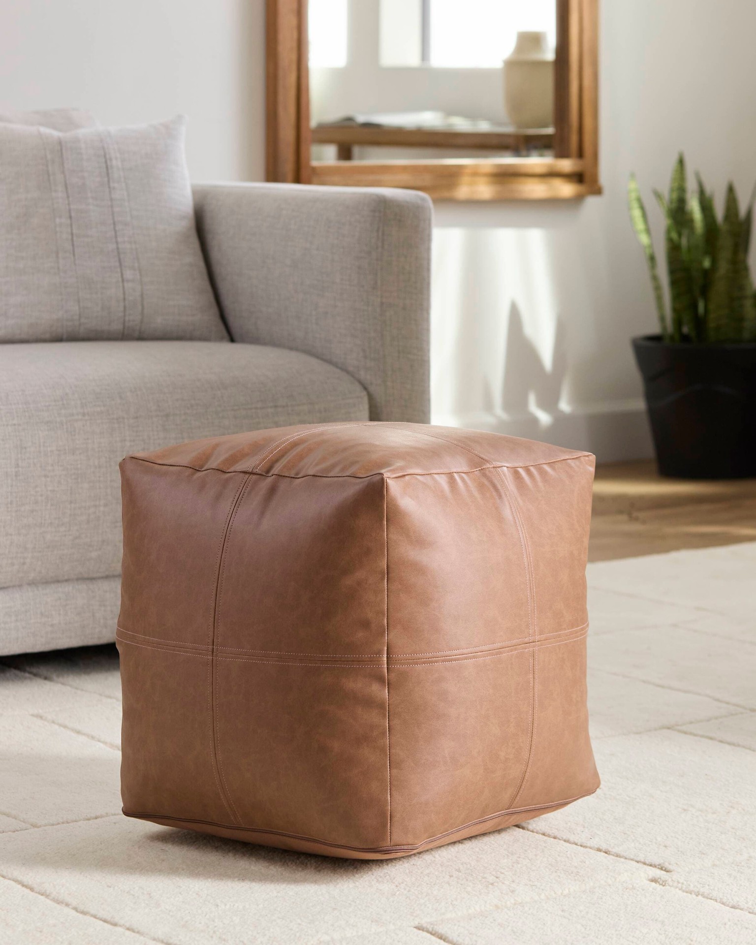 slide 1 of 6, allen + roth Modern Tan Faux leather Pouf Ottoman, 1 ct