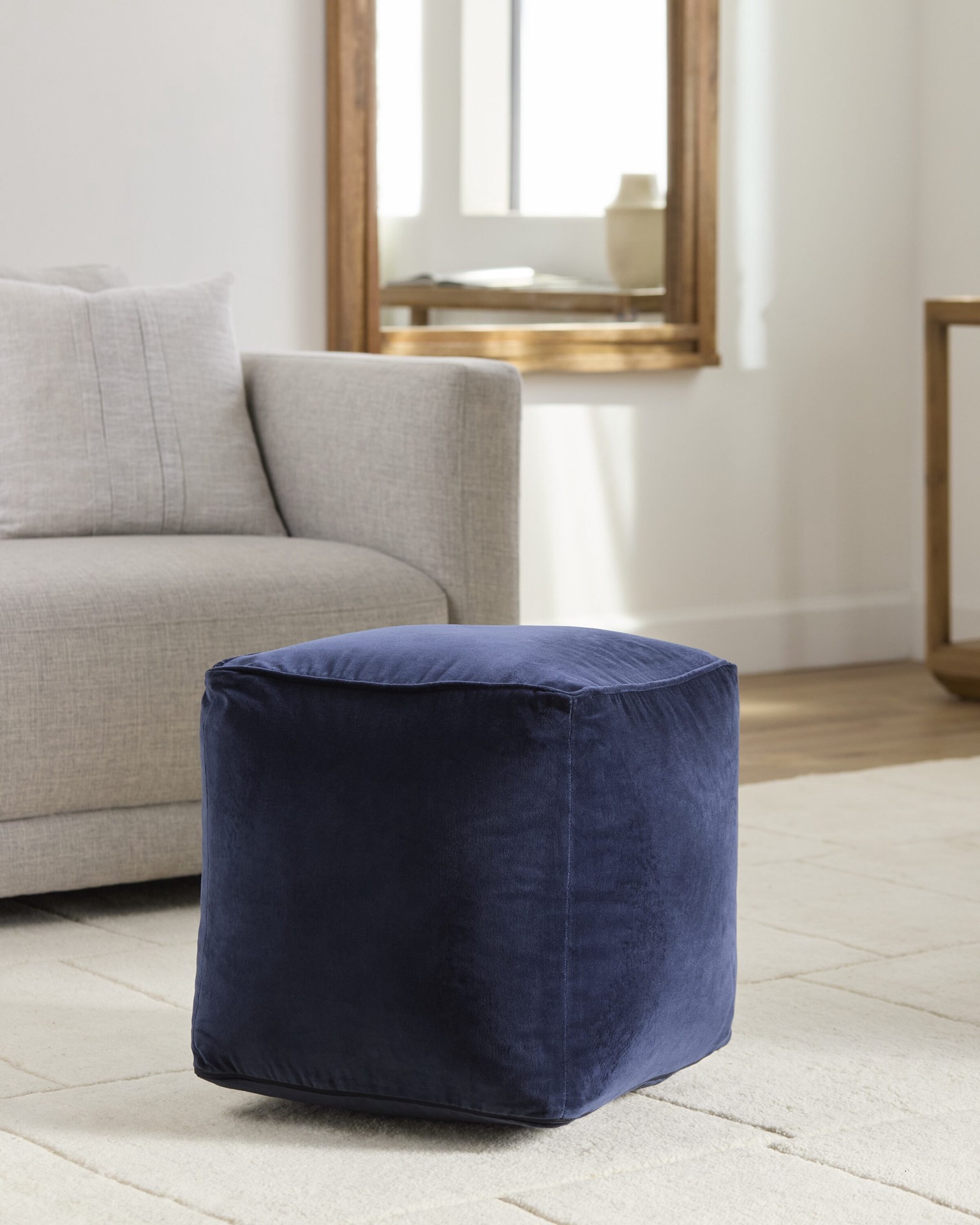 slide 1 of 6, allen + roth Eclectic Blue Velvet Pouf Ottoman, 1 ct