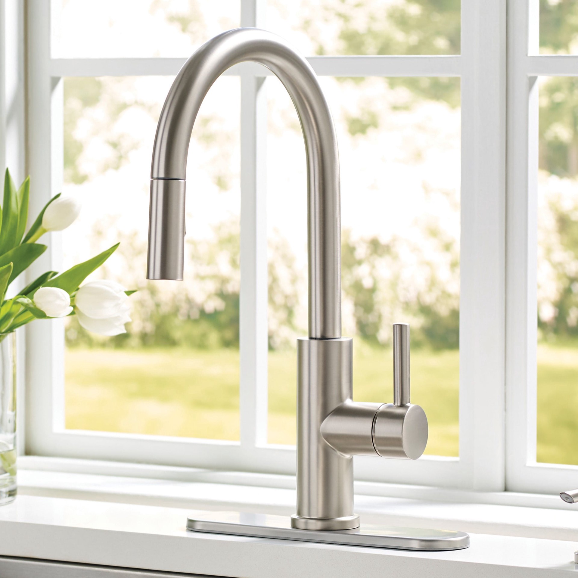 slide 1 of 6, allen + roth Harlow Simplefit Spot Free Stainless Steel Single Handle Deck-mount Pull-down Kitchen Faucet with Sprayer (Includes Deck Plate) (Includes Soap Dispenser), 1 ct