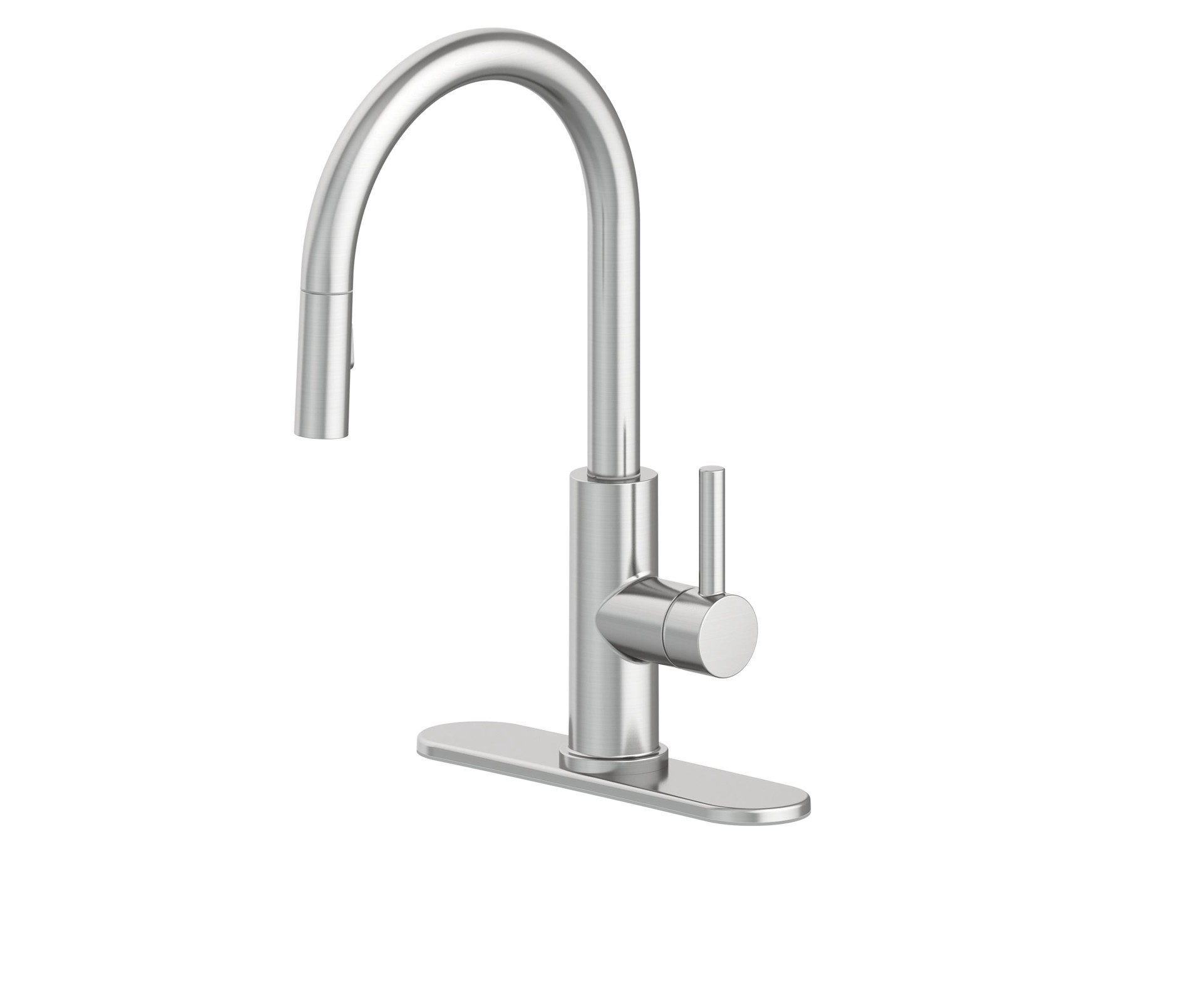 slide 4 of 6, allen + roth Harlow Simplefit Spot Free Stainless Steel Single Handle Deck-mount Pull-down Kitchen Faucet with Sprayer (Includes Deck Plate) (Includes Soap Dispenser), 1 ct