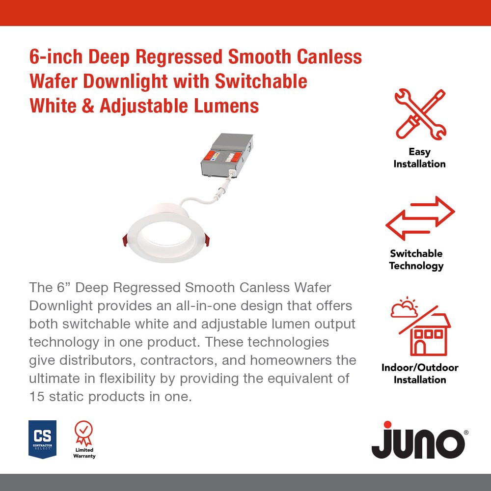slide 2 of 6, Juno 6 Pack Contractor Select WF6 Matte 6-in 1050 -Lumens Switchable Round Dimmable LED Canless Wet rated Recessed Downlight 6 -Pack, 1 ct