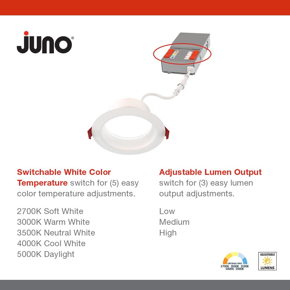 slide 3 of 6, Juno 6 Pack Contractor Select WF6 Matte 6-in 1050 -Lumens Switchable Round Dimmable LED Canless Wet rated Recessed Downlight 6 -Pack, 1 ct