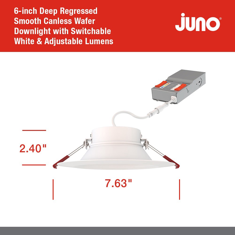 slide 4 of 6, Juno 6 Pack Contractor Select WF6 Matte 6-in 1050 -Lumens Switchable Round Dimmable LED Canless Wet rated Recessed Downlight 6 -Pack, 1 ct