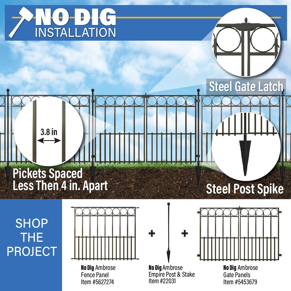 slide 5 of 6, YARDLINK Ambrose 2-ft H x 3-ft W Black Powder Coated Steel No Dig Flat-top Decorative Fence Panel, 1 ct
