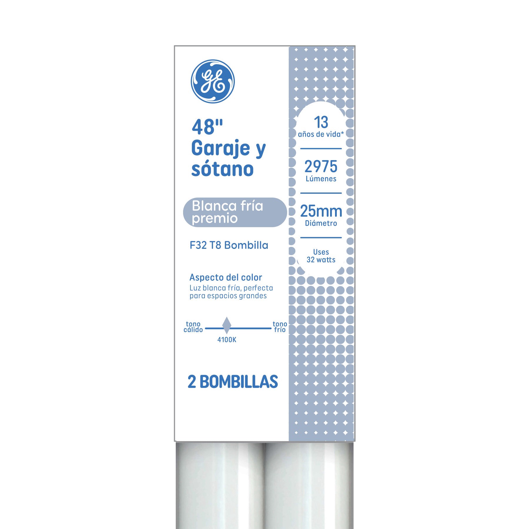 slide 3 of 6, GE Garage Basement 32 -Watt EQ T8 Cool daylight Medium bi-pin (T8) Fluorescent Tube Light Bulb 2 -Pack, 1 ct