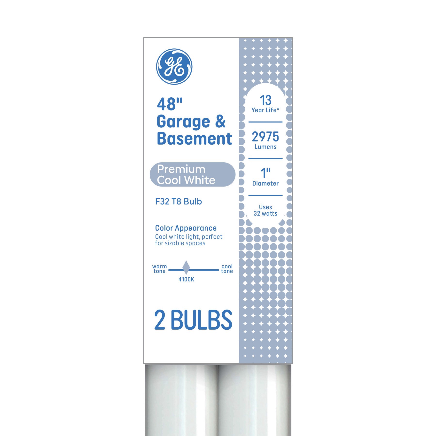 slide 1 of 6, GE Garage Basement 32 -Watt EQ T8 Cool daylight Medium bi-pin (T8) Fluorescent Tube Light Bulb 2 -Pack, 1 ct