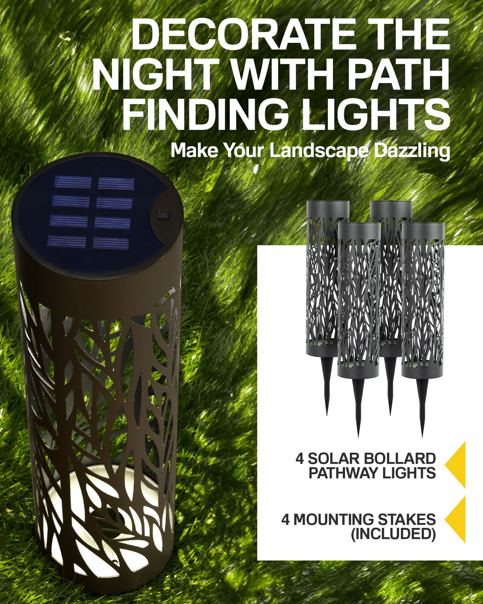 slide 2 of 5, BELL + HOWELL 4 -Pack Bollard 6 -Lumens Black Solar LED Outdoor Path Light Kit ( 3000-K ), 1 ct