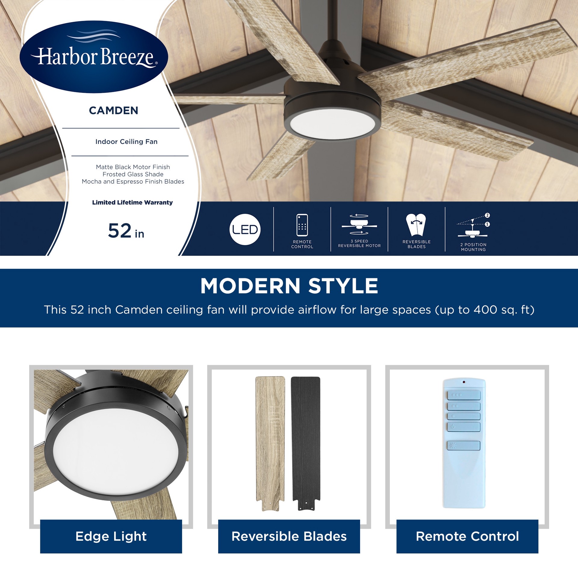 slide 4 of 6, Harbor Breeze Camden 52-in Matte Black with Mocha/Cocoa Blades Integrated LED Ceiling Fan With Light and Remote Included 5 -Blade, 1 ct