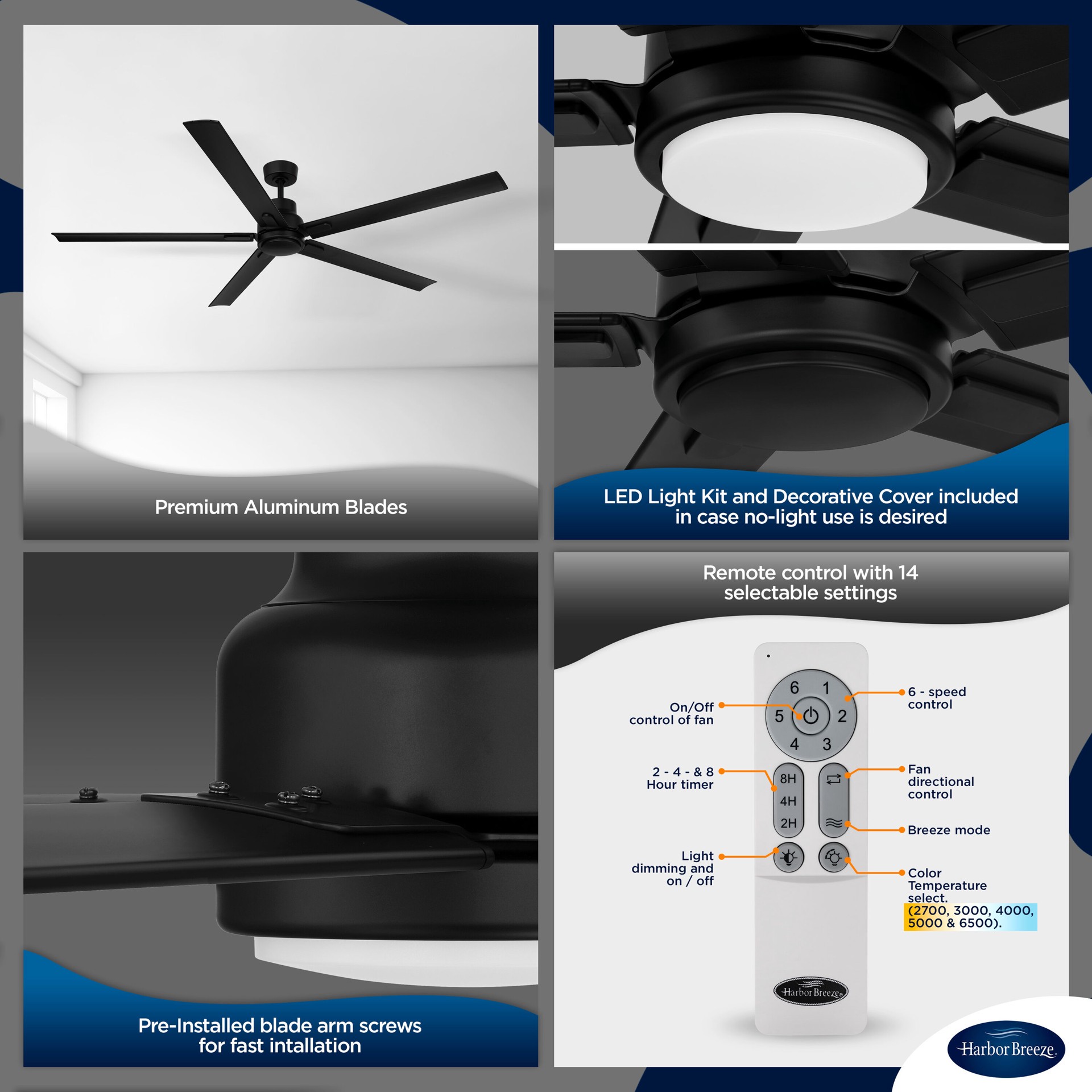 slide 3 of 6, Harbor Breeze Cando 96-in Matte Black with Matte Black Blades Color-Changing Integrated LED Uncovered Outdoor Ceiling Fan With Light and Remote Included 5 -Blade, 1 ct