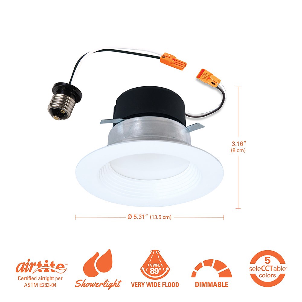 slide 3 of 6, HALO White 4-in 600 -Lumens Switchable white Round Dimmable LED Wet rated Recessed Downlight, 1 ct