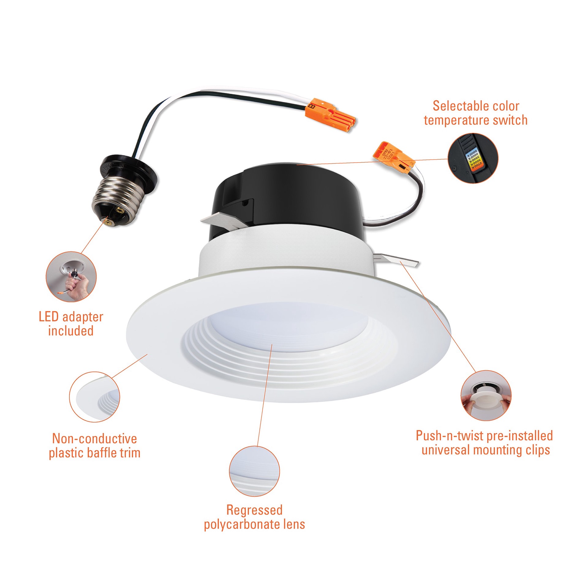 slide 4 of 6, HALO White 4-in 600 -Lumens Switchable white Round Dimmable LED Wet rated Recessed Downlight, 1 ct