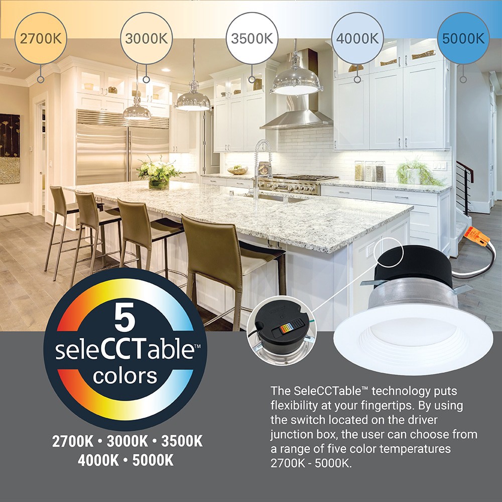 slide 5 of 6, HALO White 4-in 600 -Lumens Switchable white Round Dimmable LED Wet rated Recessed Downlight, 1 ct