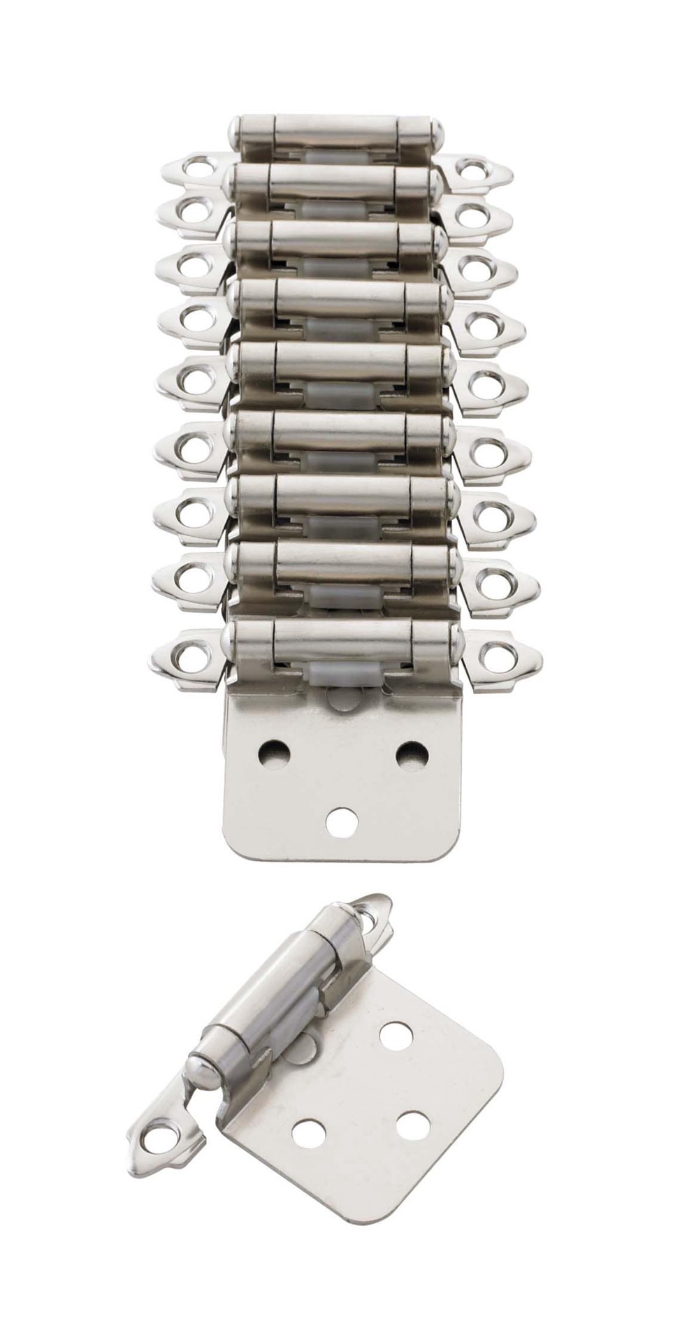 slide 3 of 6, RELIABILT 200-Degree Adjustable Overlay Overlay Surface Self-Closing Satin nickel Cabinet Hinge, 5 Pair(s) 10 -Pieces, 1 ct