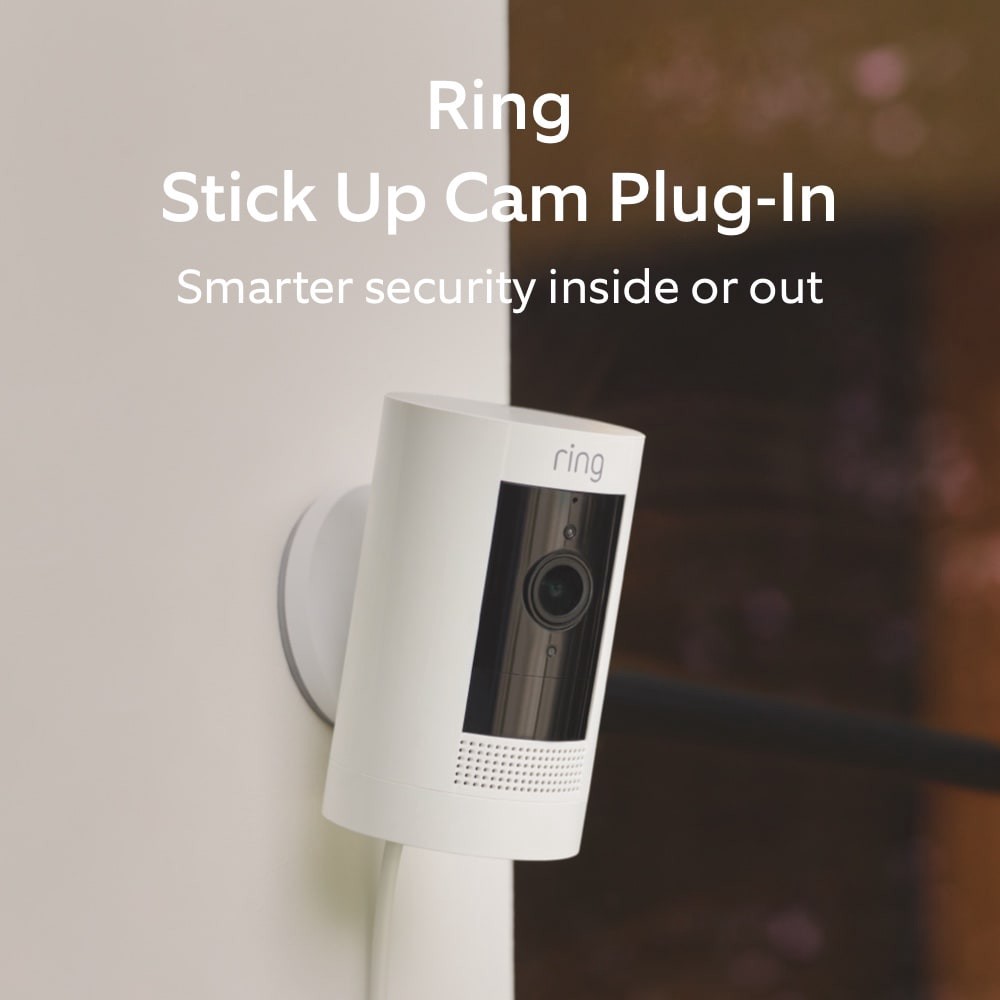 slide 2 of 6, Ring Stick Up Cam Plug-In - Indoor/Outdoor Smart Security Wifi Video Camera with 2-Way Talk, Night Vision, White, 1 ct