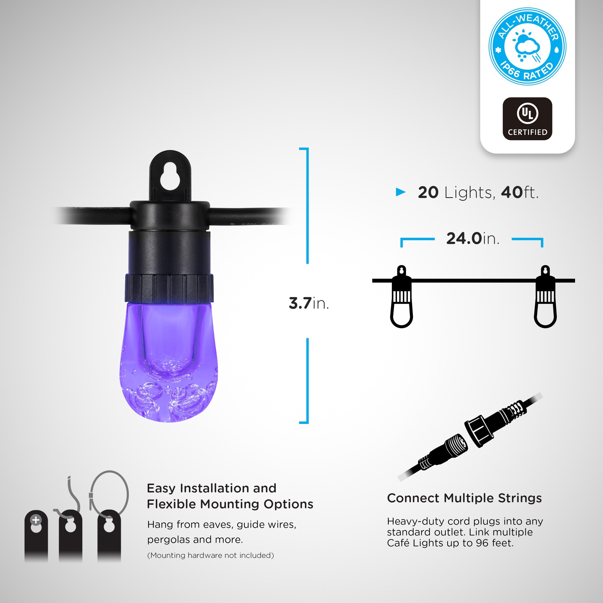 slide 3 of 6, Enbrighten 40-ft Plug-in Black Indoor/Outdoor String Light with 20 Color changing -Light LED Edison Bulbs, 1 ct