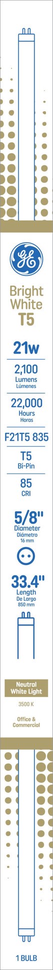 slide 4 of 6, GE Bright White LFL T5 21 -Watt EQ T5 Bright white Miniature bi-pin (T5) Fluorescent Tube Light Bulb, 1 ct