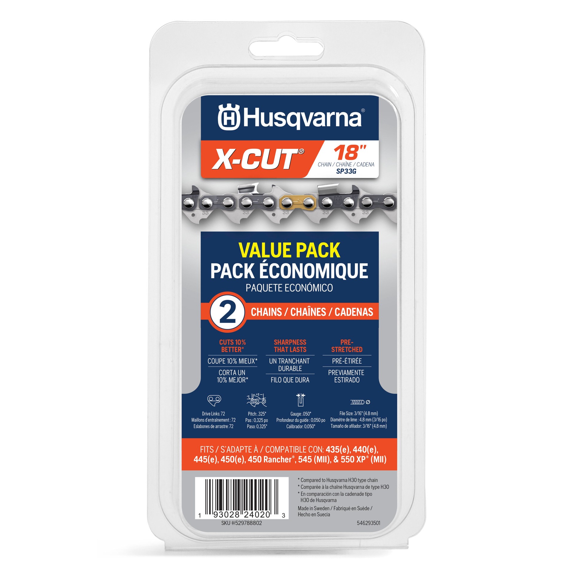 slide 1 of 6, Husqvarna X-Cut SP33G 2 -Pack 72 Link Replacement Chainsaw Chain For 18-in , 0.05-in Gauge , .325-in Pitch, 1 ct