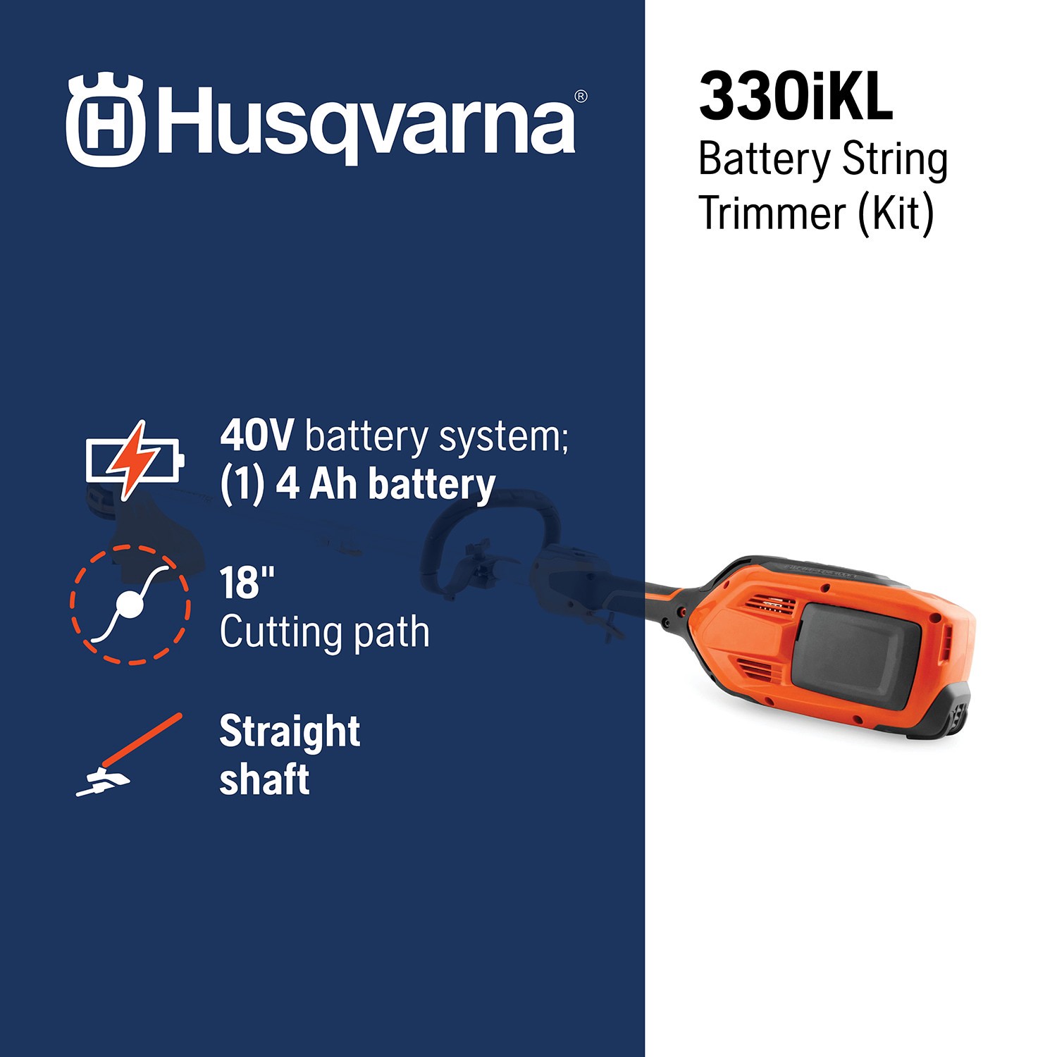 slide 5 of 6, Husqvarna 330iKL 40-volt 18-in Straight Shaft Attachment Capable Battery String Trimmer 4 Ah (Battery Included) (Charger Included), 1 ct