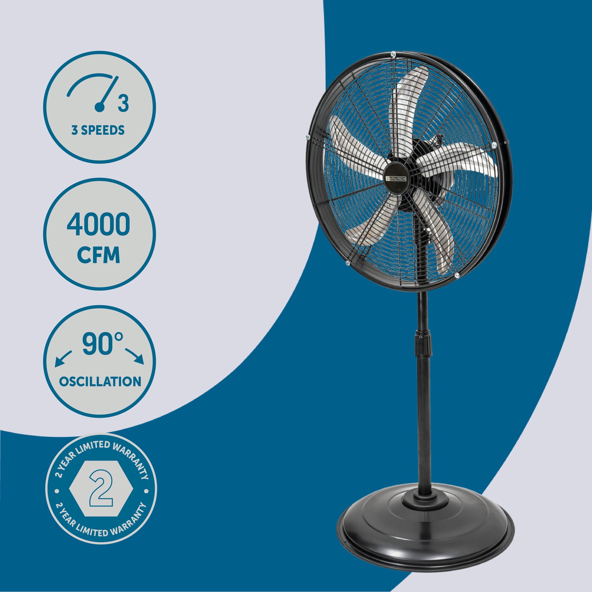slide 2 of 6, Utilitech 20-in 120 -Volt 3 -Speed High Velocity Indoor Black Oscillating Pedestal Fan, 1 ct