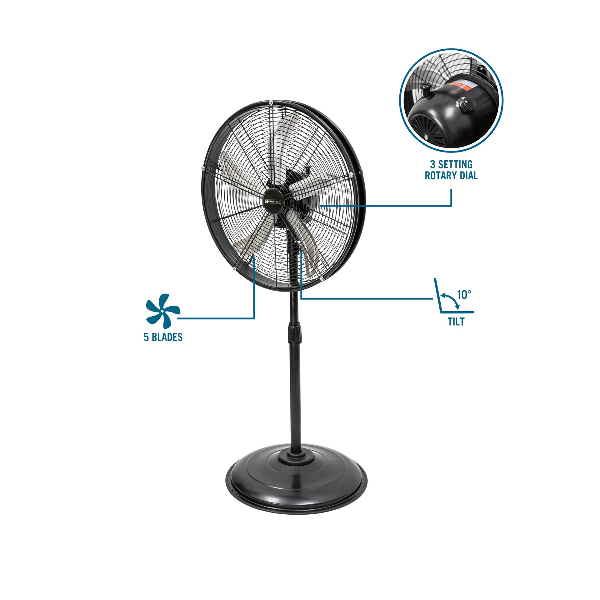 slide 3 of 6, Utilitech 20-in 120 -Volt 3 -Speed High Velocity Indoor Black Oscillating Pedestal Fan, 1 ct