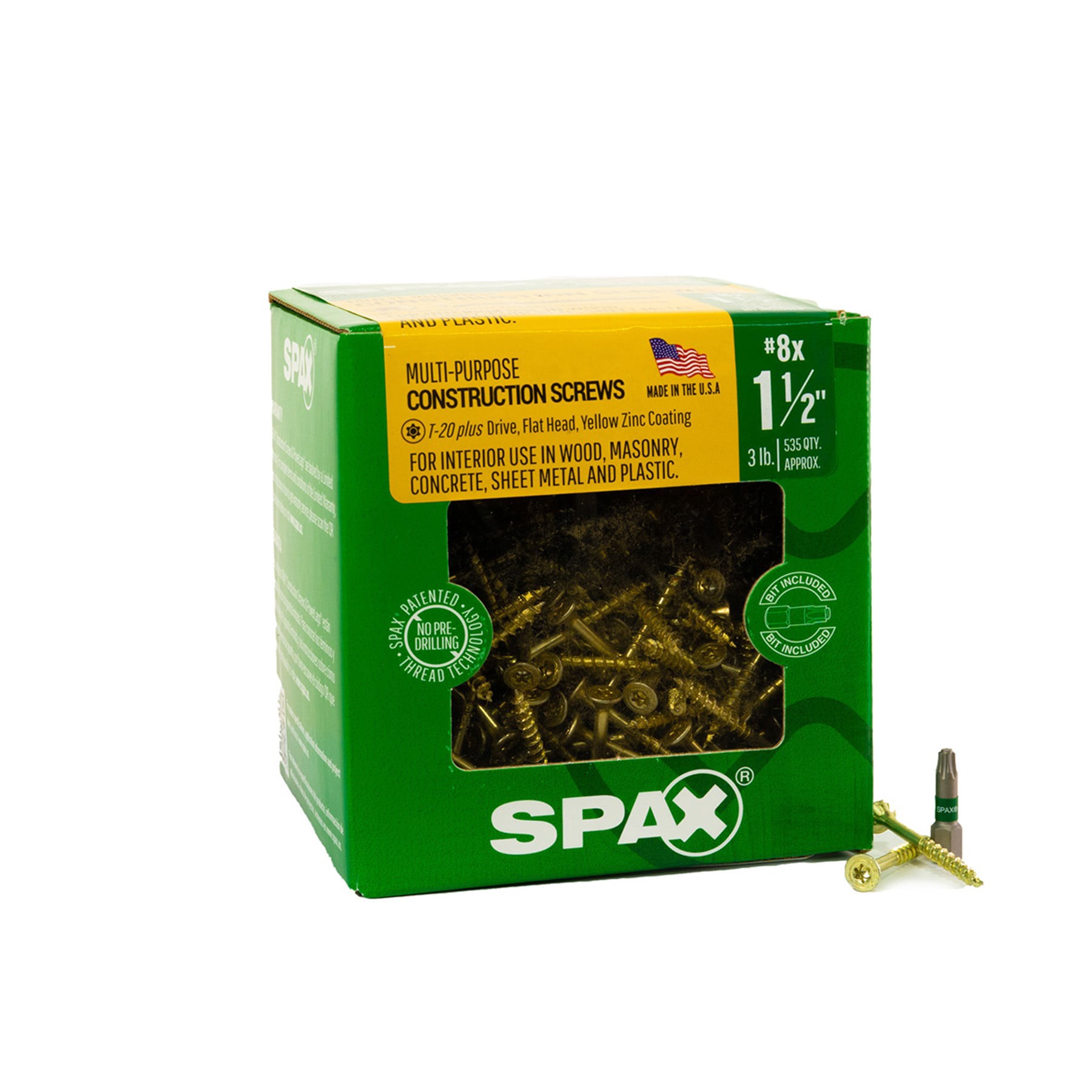 slide 1 of 6, SPAX Construction Framing Countersunk Flush Finish #8 x 1-1/2-in Yellow zinc Interior Wood screws ( 597 -Per Box ), 1 ct