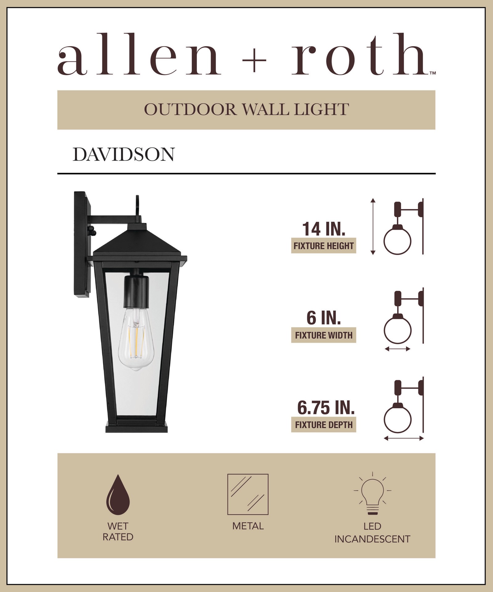 slide 2 of 6, allen + roth Davidson 1 -Light 14.6-in H Matte Black Hardwired Outdoor Wall Light, 1 ct