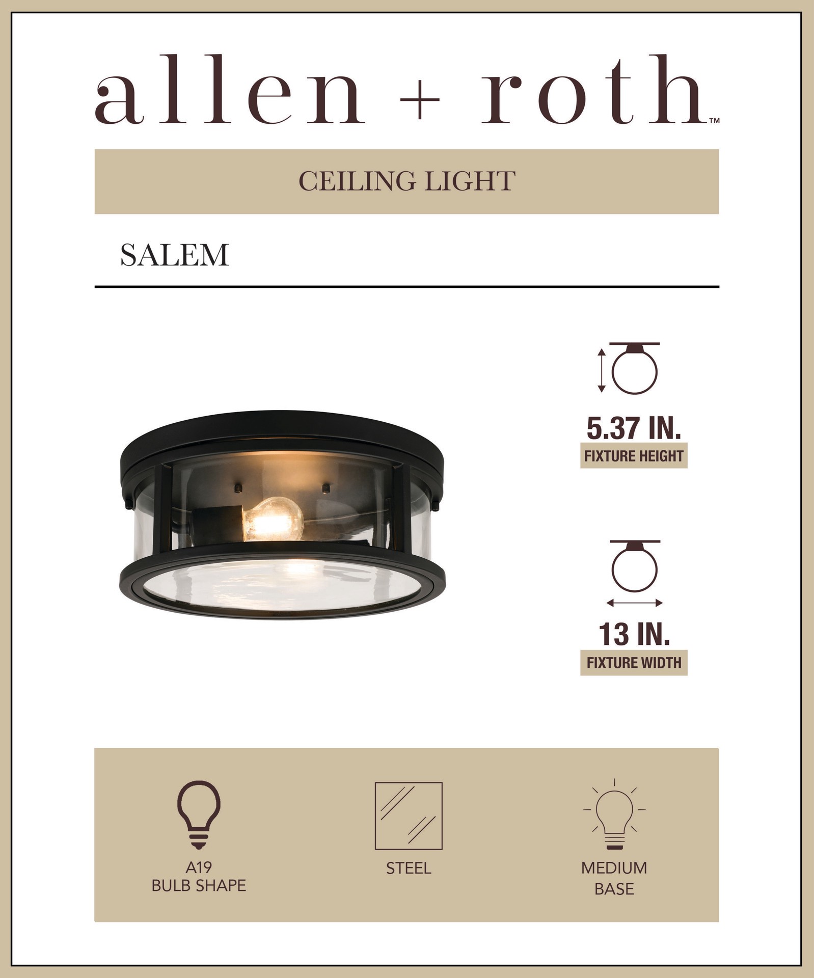 slide 2 of 6, allen + roth Salem 2 -Light 13-in Matte Black Indoor/Outdoor Flush Mount Light, 1 ct