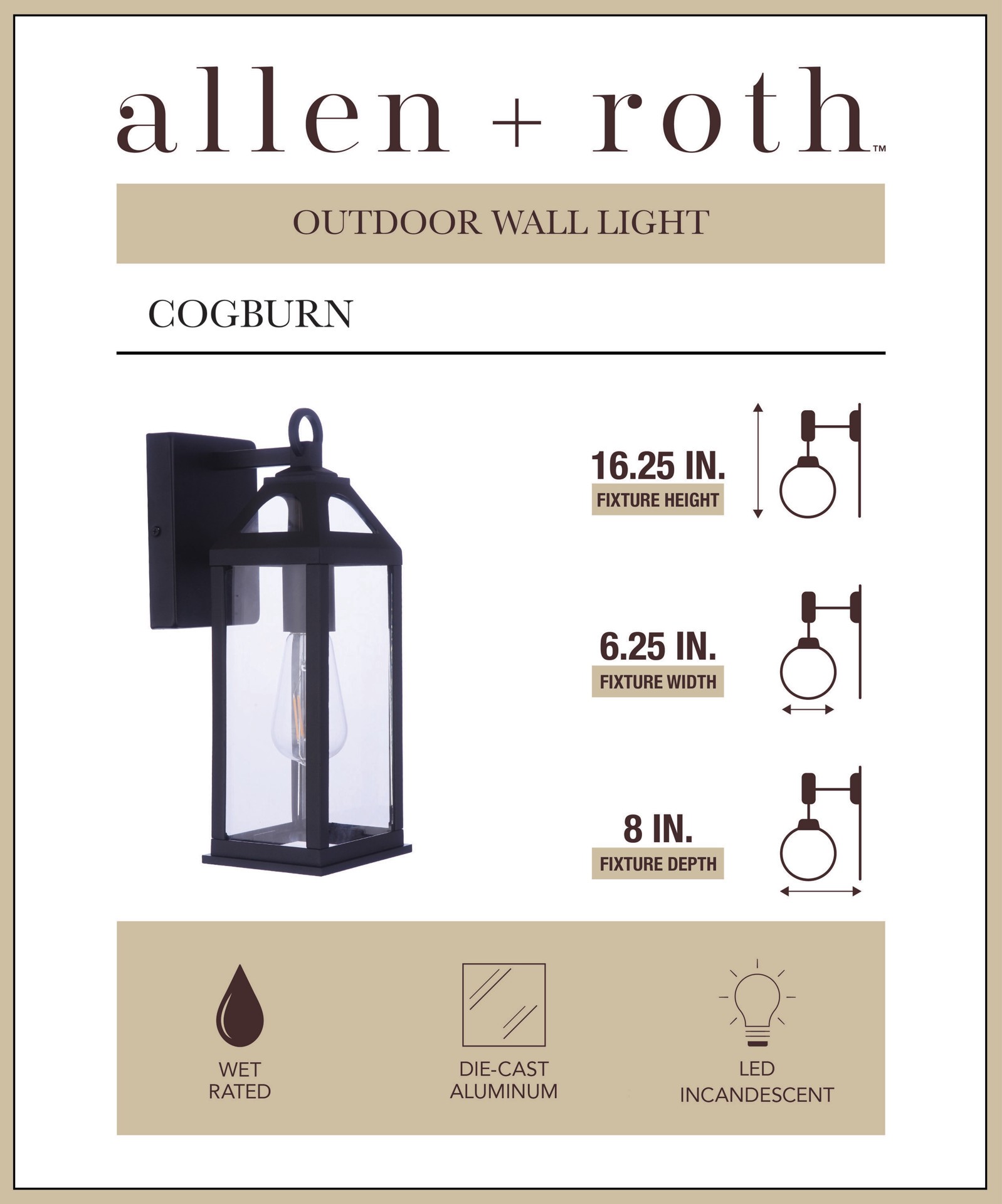 slide 3 of 6, allen + roth Cogburn 1 -Light 16.25-in H Black Hardwired Outdoor Wall Light, 1 ct