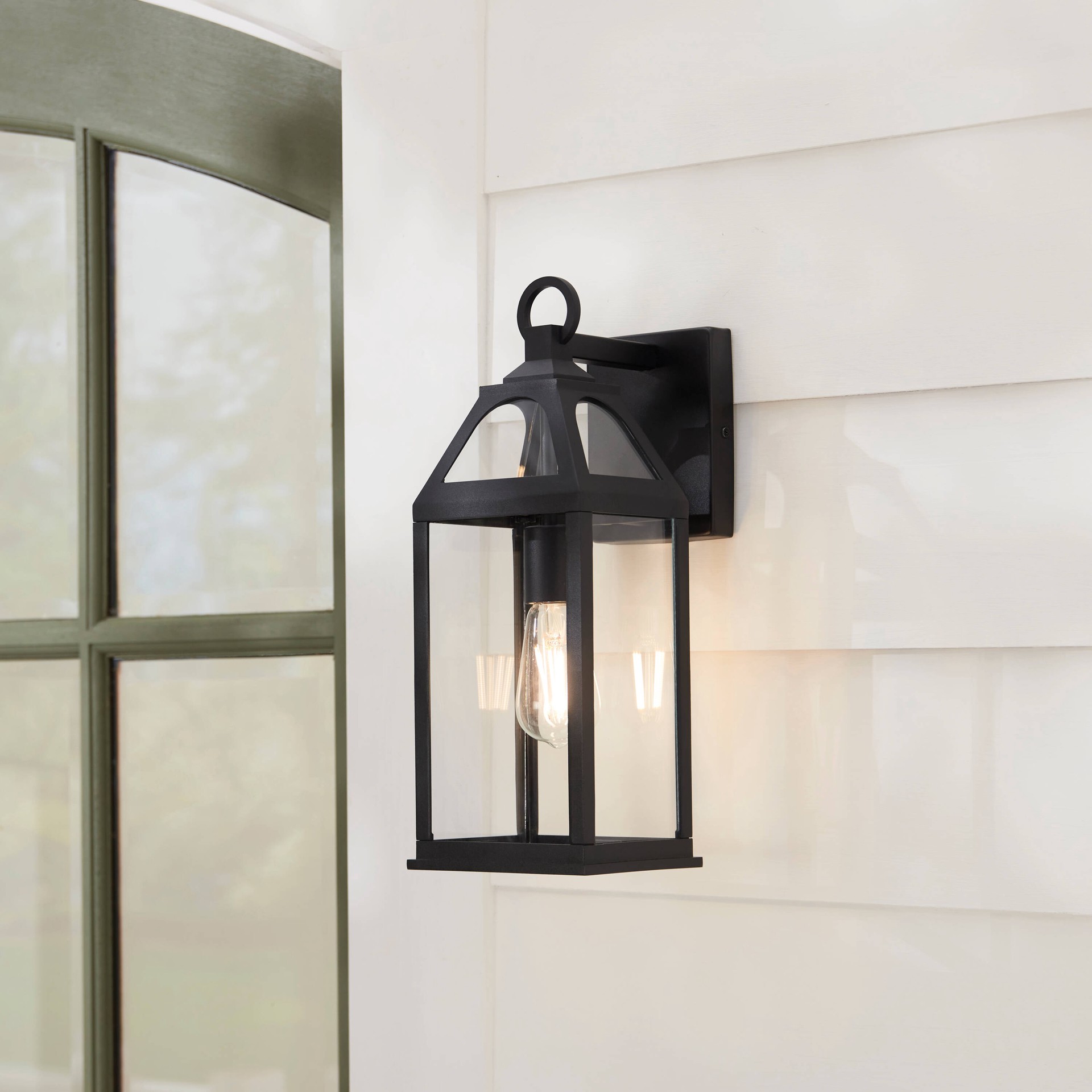 slide 1 of 6, allen + roth Cogburn 1 -Light 16.25-in H Black Hardwired Outdoor Wall Light, 1 ct