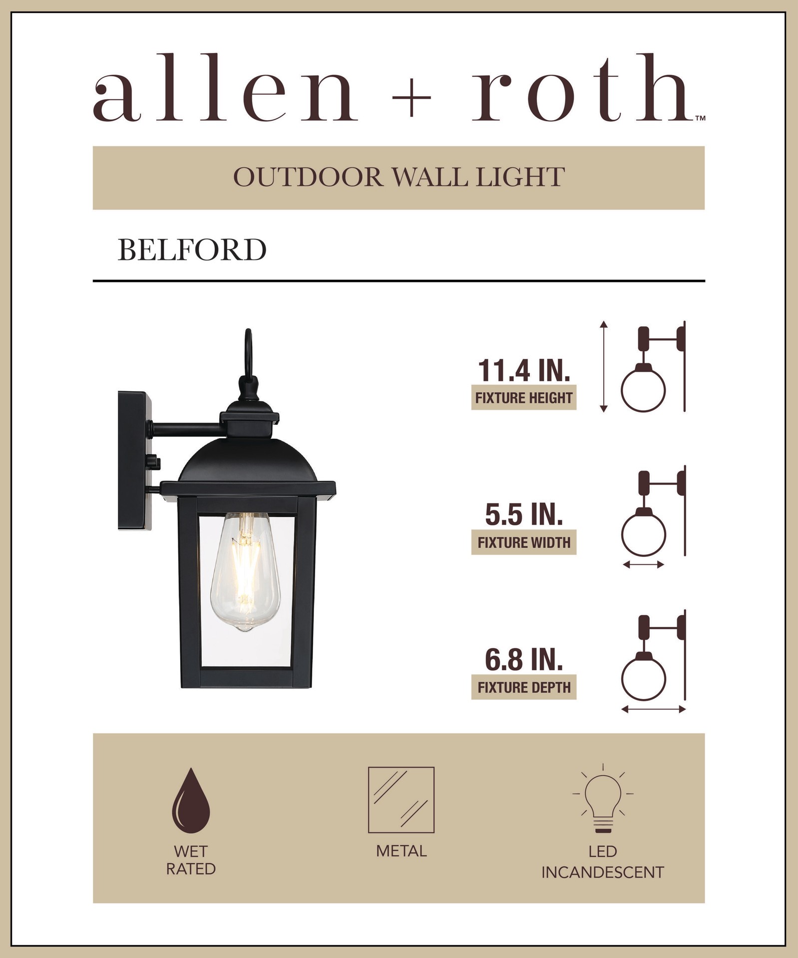 slide 2 of 6, allen + roth Belford 1 -Light 11.4-in H Matte Black Hardwired Outdoor Wall Light, 1 ct