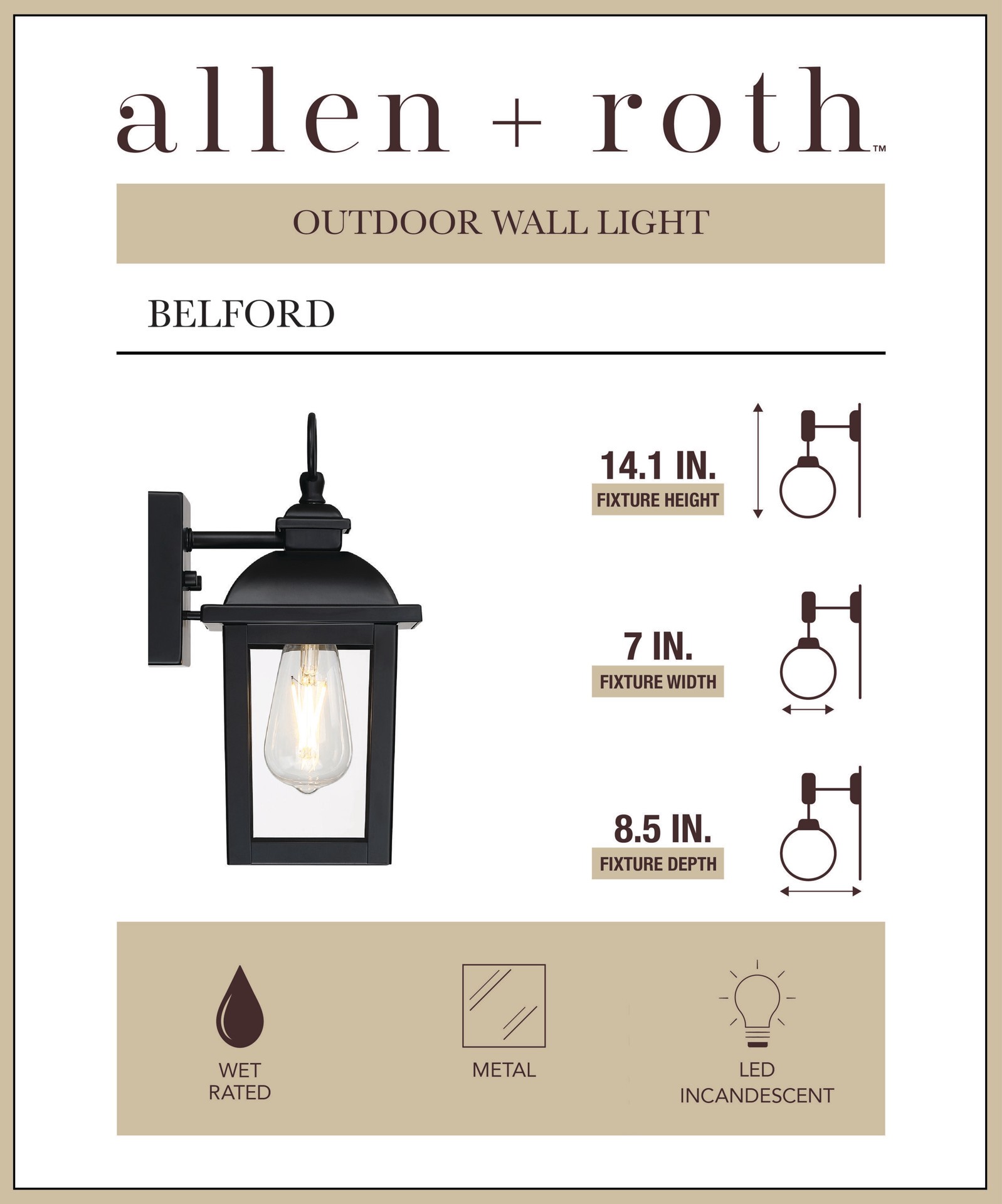 slide 2 of 6, allen + roth Belford 1 -Light 14.1-in H Matte Black Hardwired Outdoor Wall Light, 1 ct